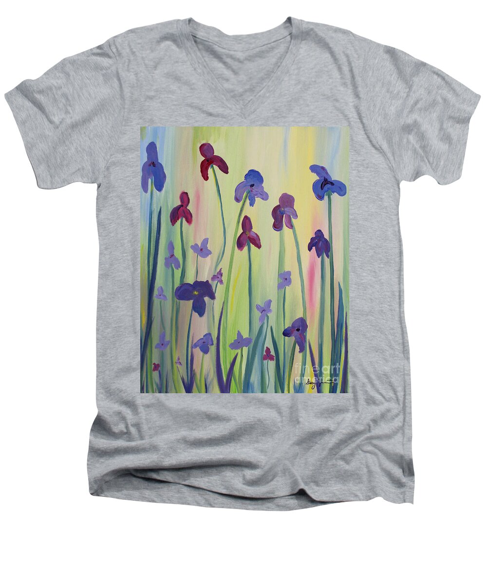 Iris Men's V-Neck T-Shirt featuring the painting Blooming Irises by Stacey Zimmerman