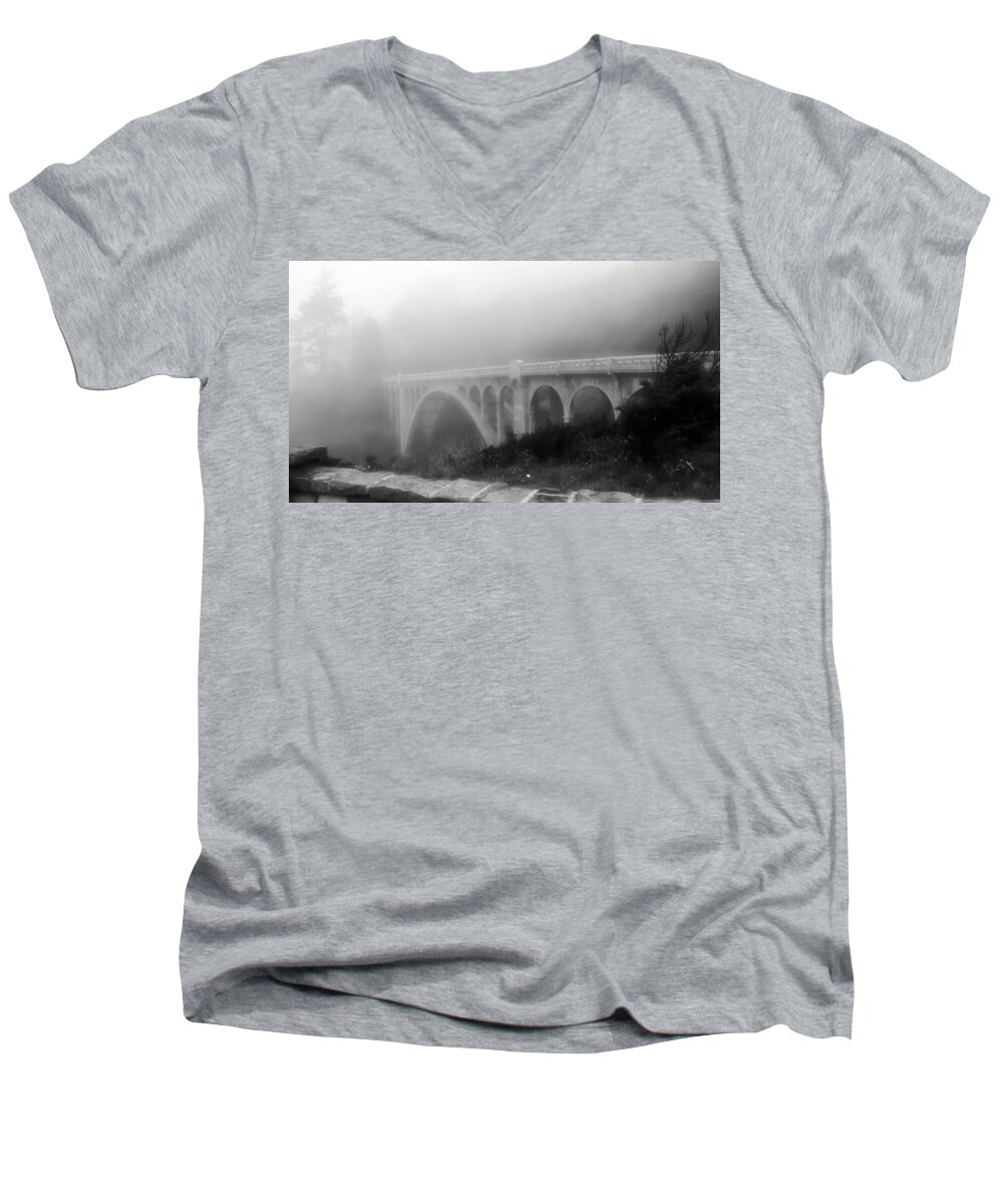 Stone Wall Men's V-Neck T-Shirt featuring the photograph Bridge In Fog by KATIE Vigil