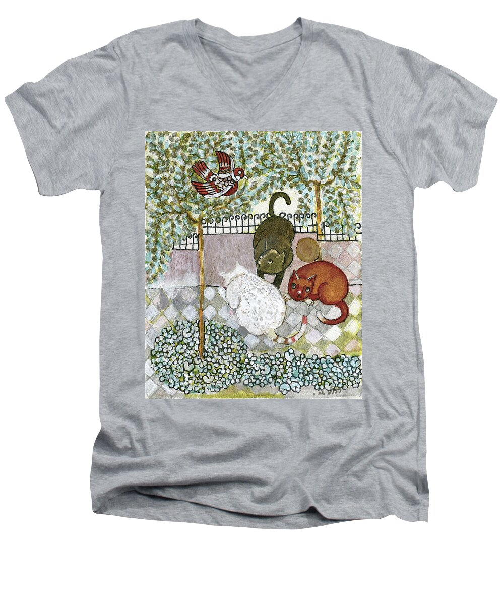 Alley Men's V-Neck T-Shirt featuring the painting Brown and white alley cats consider catching a bird in the green garden by Rachel Hershkovitz