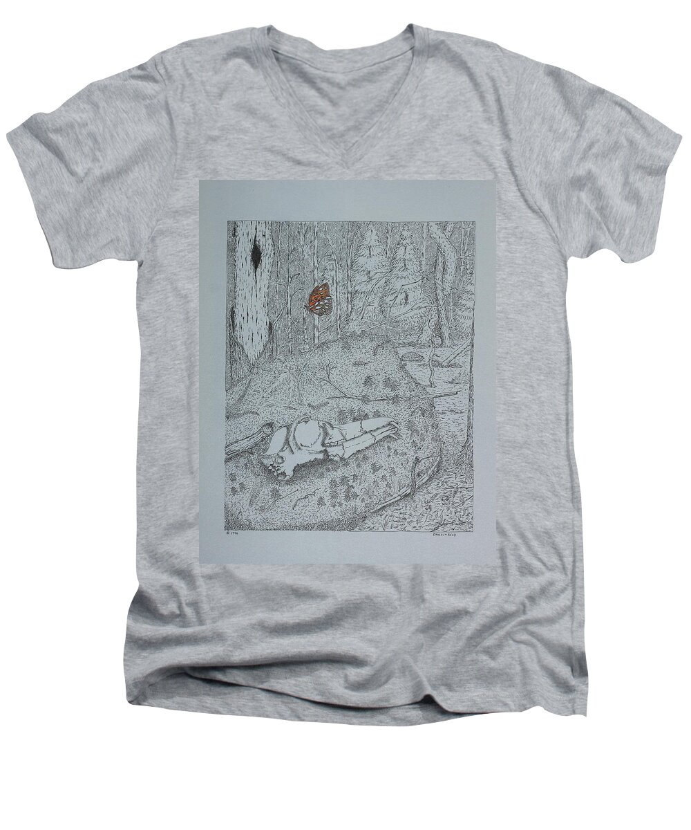 Nature Men's V-Neck T-Shirt featuring the drawing Canine Skull And Butterfly by Daniel Reed