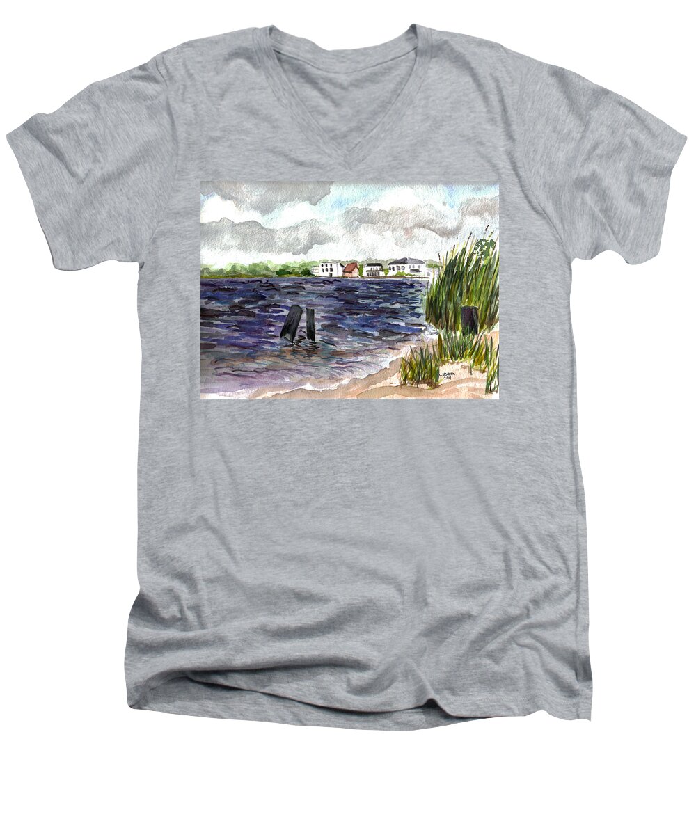 Cedar Creek Men's V-Neck T-Shirt featuring the painting Cedar Beach by Clara Sue Beym