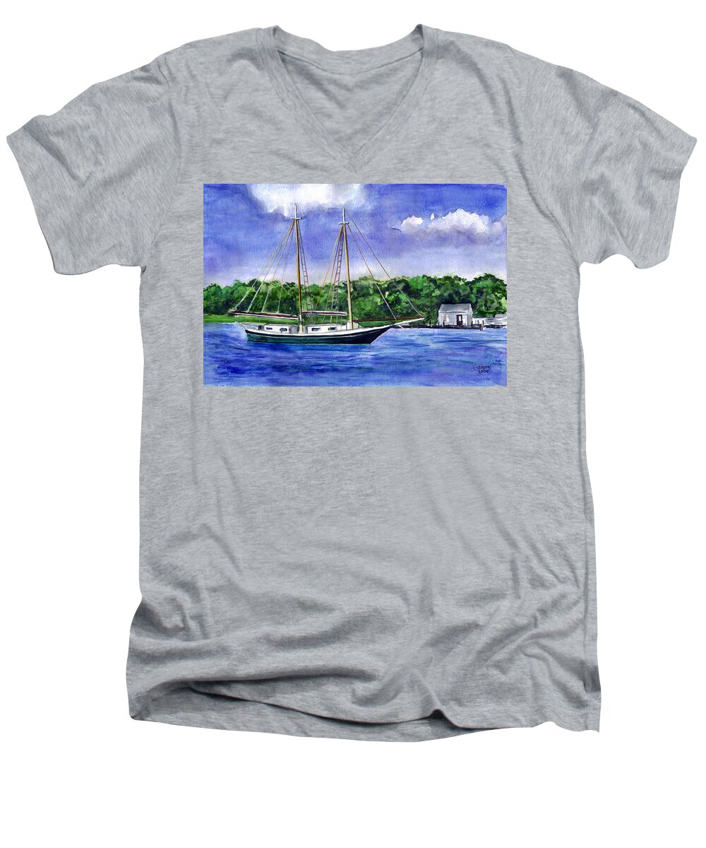 Schooner Men's V-Neck T-Shirt featuring the painting Cedar Beach Schooner by Clara Sue Beym