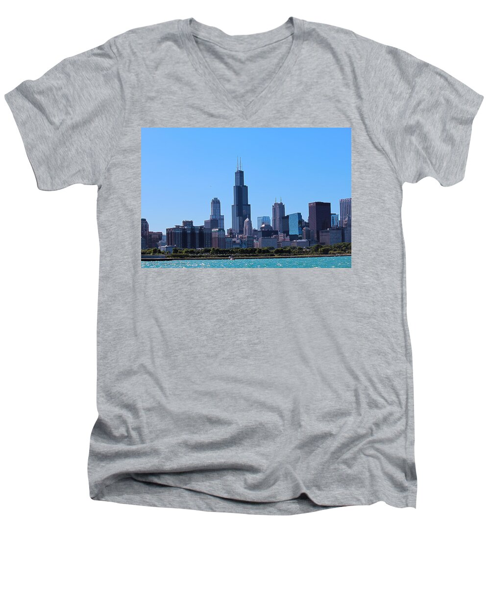 Skyline Men's V-Neck T-Shirt featuring the photograph Chicago Skyline by Peter Ciro