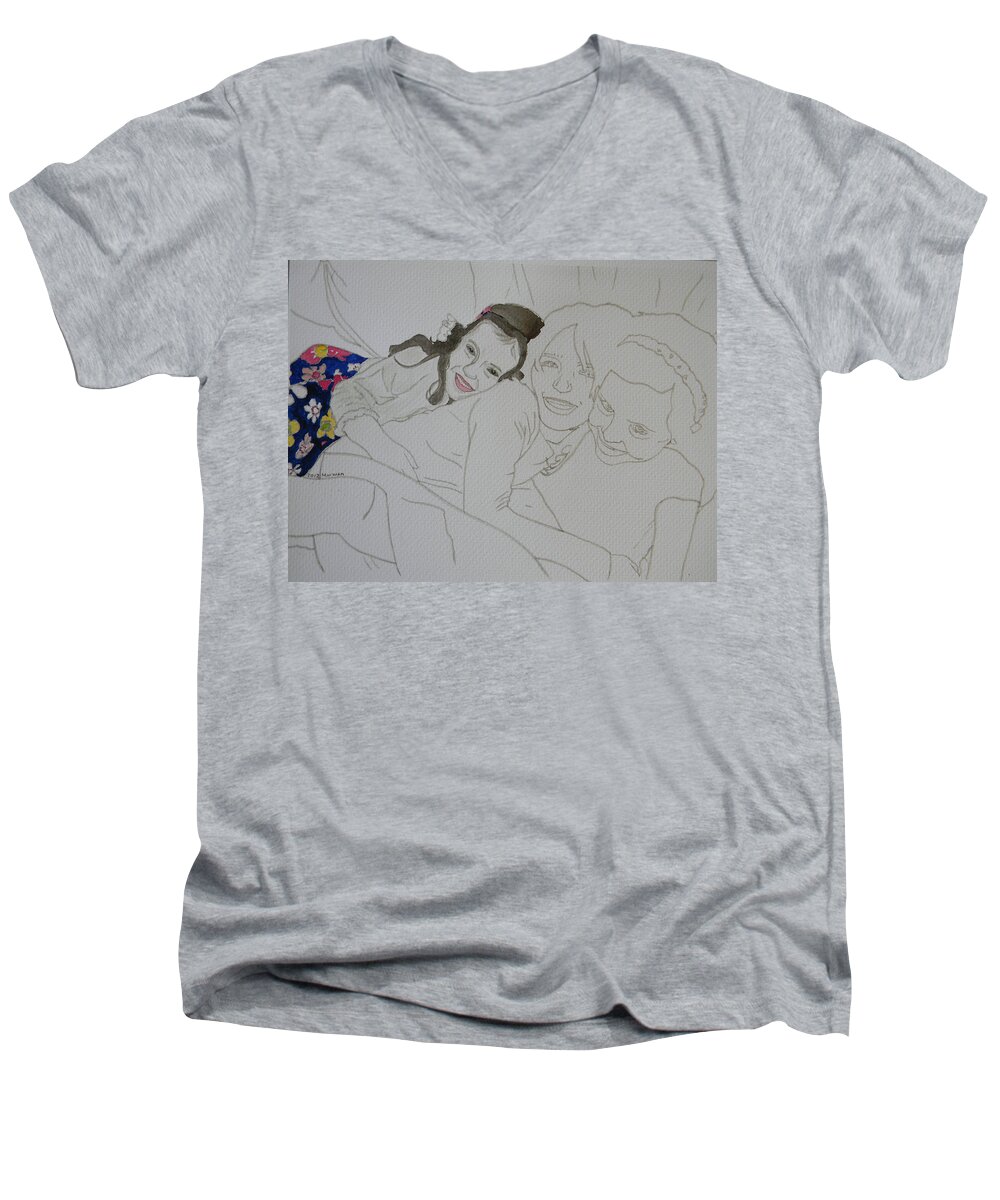 Girls Men's V-Neck T-Shirt featuring the drawing Cousins 3 of 3 by Marwan George Khoury