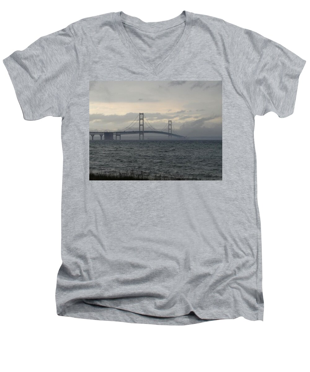 Bridge Men's V-Neck T-Shirt featuring the photograph Disappearing in the Mist by Keith Stokes