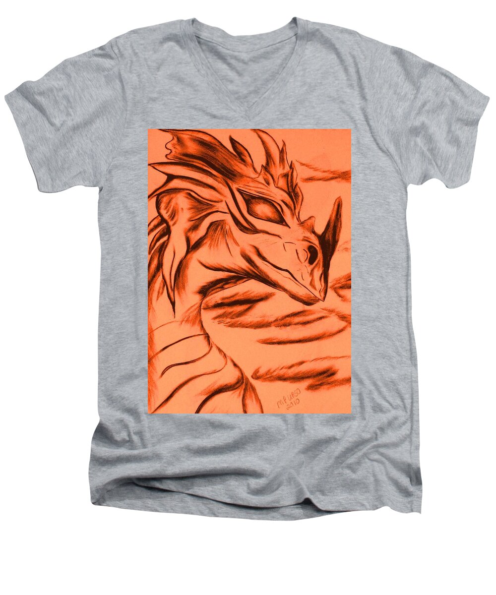 Dragon Men's V-Neck T-Shirt featuring the drawing Dragon in color by Maria Urso