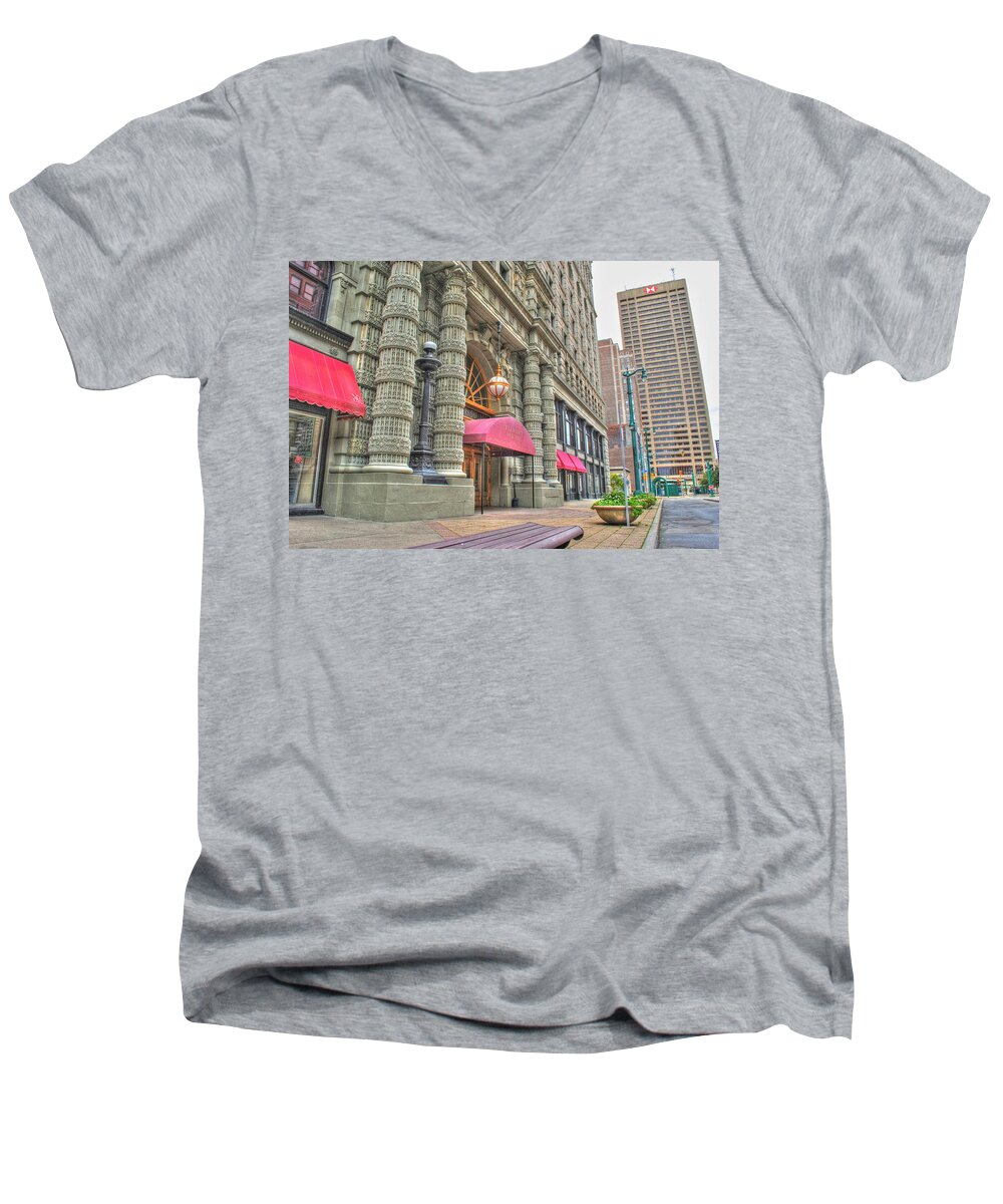  Men's V-Neck T-Shirt featuring the photograph Ellicott Square Building and HSBC by Michael Frank Jr