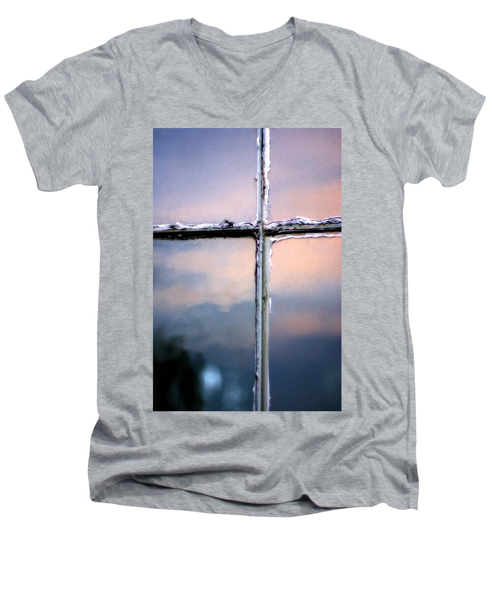 Blue Men's V-Neck T-Shirt featuring the photograph Empty Cross on the Window of an Old Church by Angela Rath