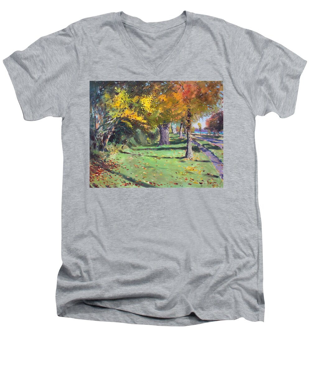 Fall Men's V-Neck T-Shirt featuring the painting Fall in Goat Island by Ylli Haruni