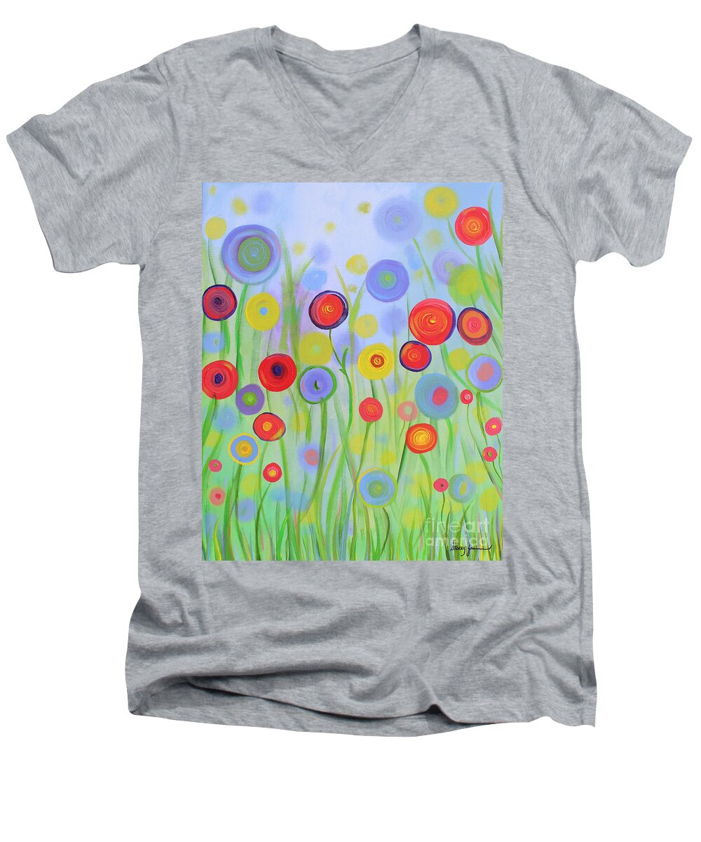 Flowers Men's V-Neck T-Shirt featuring the painting Field of Dreams by Stacey Zimmerman