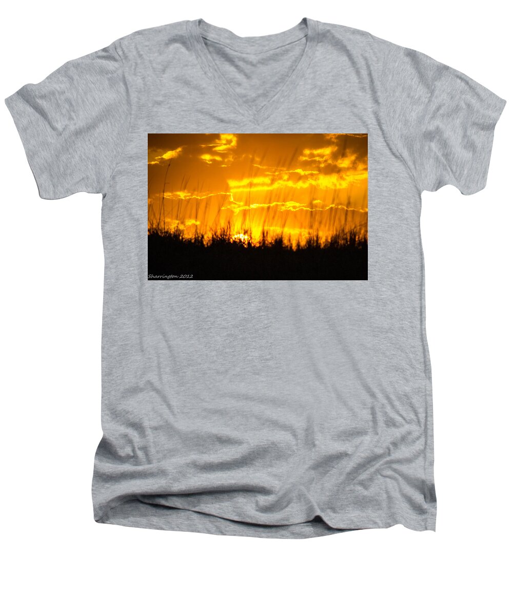 Sunset Men's V-Neck T-Shirt featuring the photograph Firey Sunset by Shannon Harrington