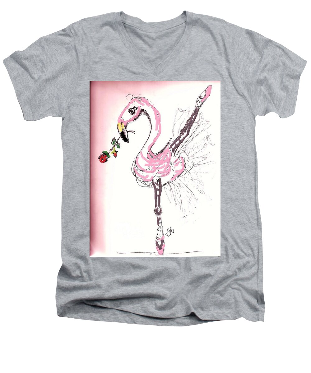 Flamingo Men's V-Neck T-Shirt featuring the drawing Flamenco Flamingo by Carol Allen Anfinsen