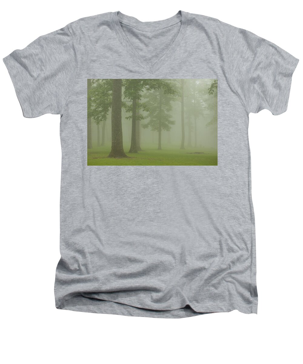 Landscape Men's V-Neck T-Shirt featuring the photograph Foggy Forest by Joye Ardyn Durham