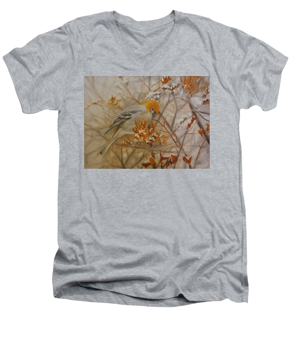 Pine Grosbeak Men's V-Neck T-Shirt featuring the painting Generous Provision by Tammy Taylor