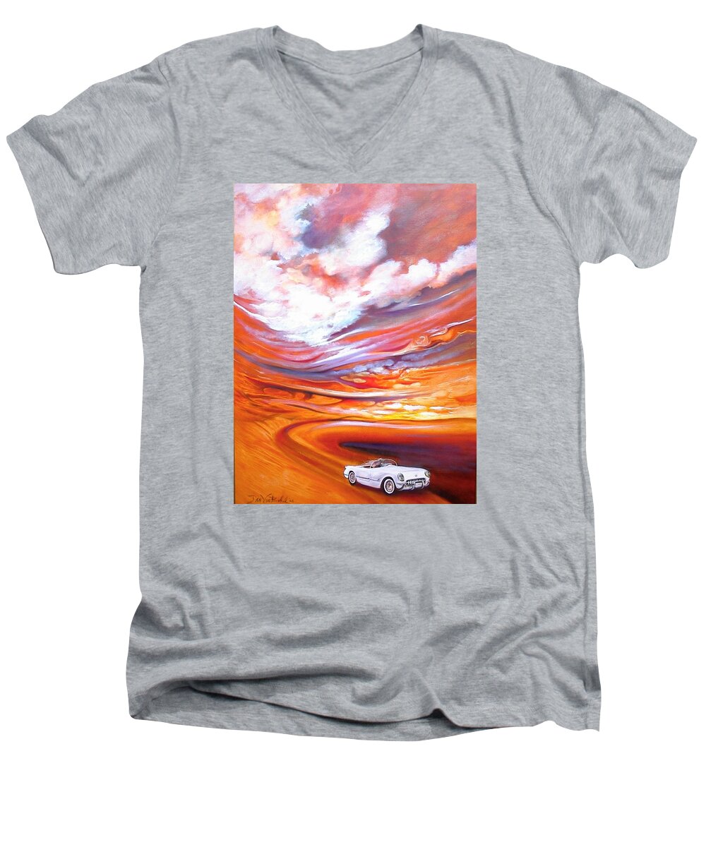 Corvette Art Landscape Men's V-Neck T-Shirt featuring the painting Corvette Heaven by Jan VonBokel