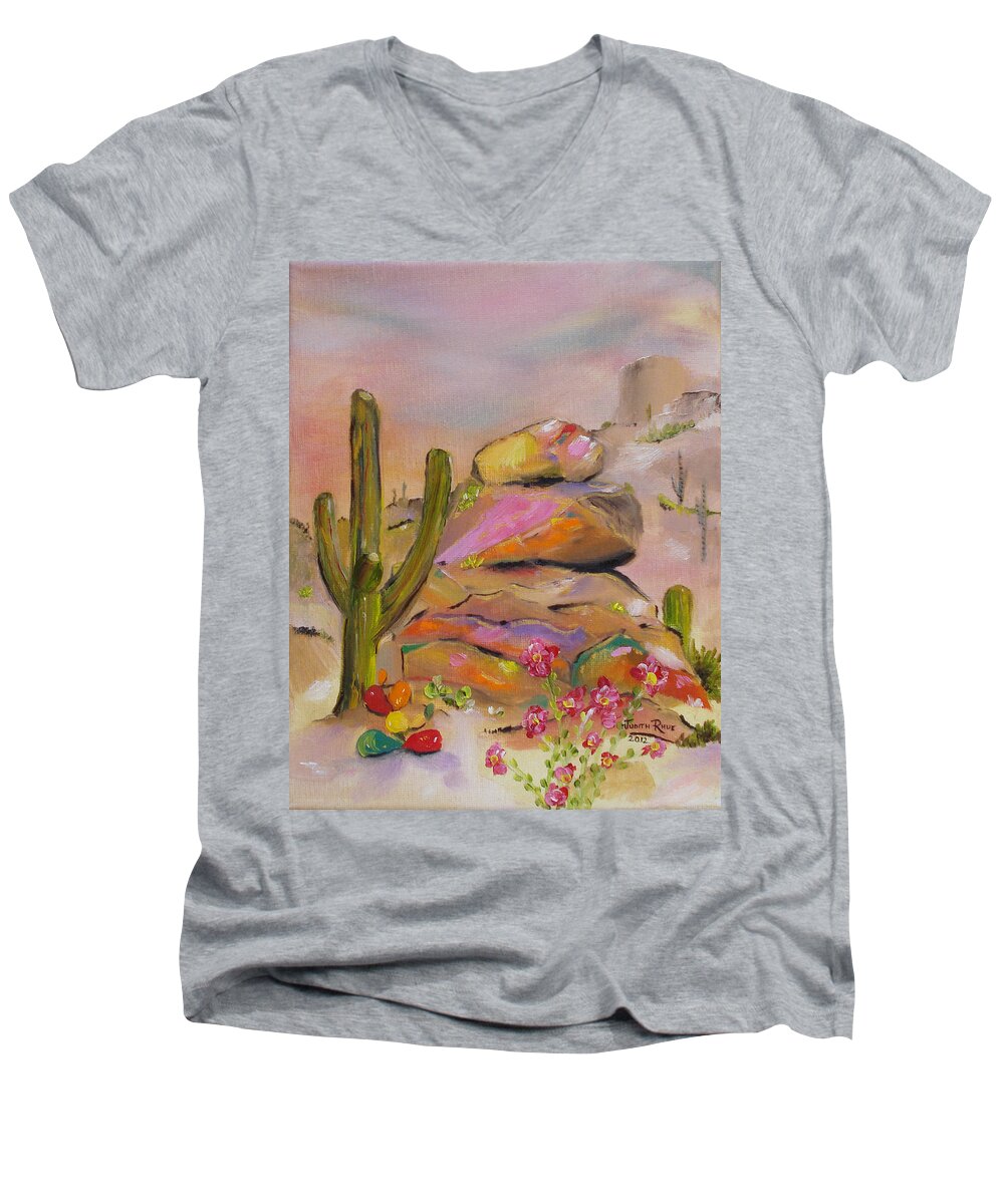 Southwestern Men's V-Neck T-Shirt featuring the painting Gold-lined Rocks by Judith Rhue