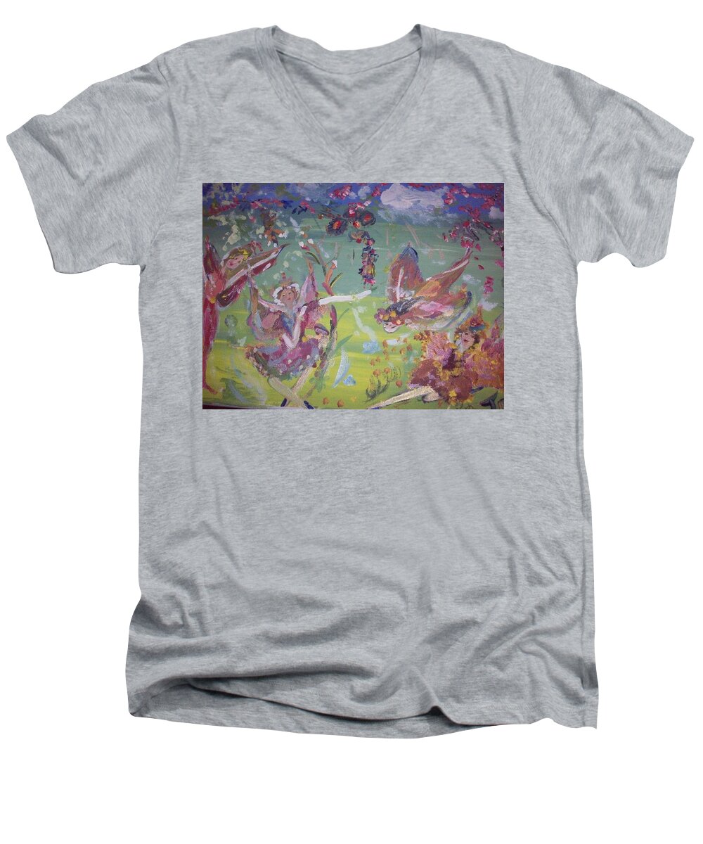 Fairy Men's V-Neck T-Shirt featuring the painting Good Morning Fairies by Judith Desrosiers