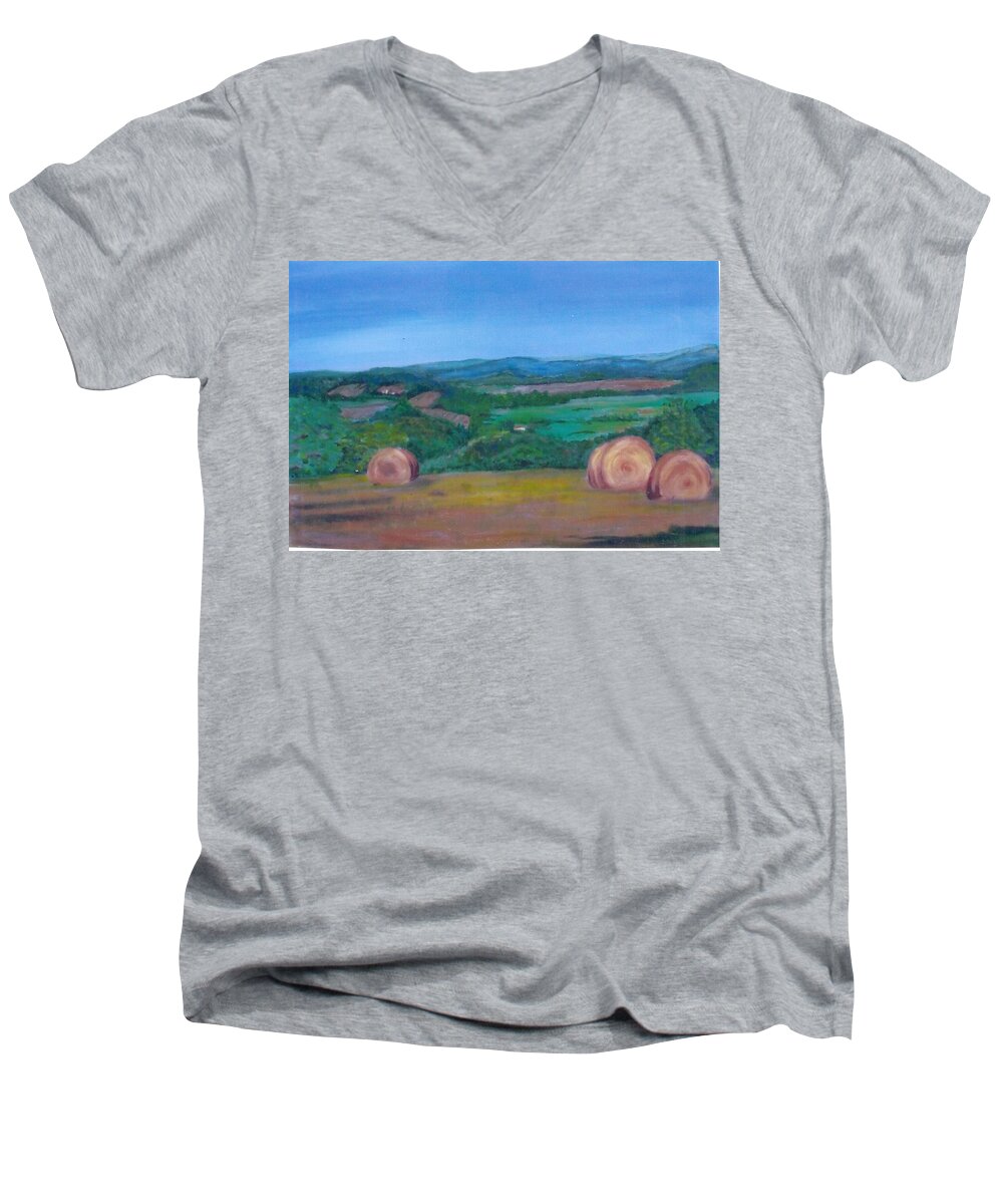 Country Men's V-Neck T-Shirt featuring the painting Hay Bales by Christine Lathrop