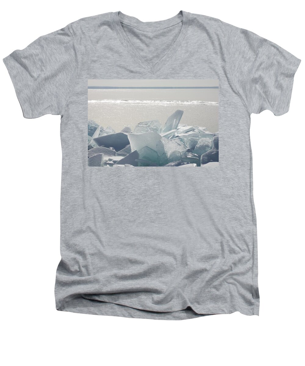 Lake Superior Men's V-Neck T-Shirt featuring the photograph Ice Chunks On The Shores Of Lake by Susan Dykstra