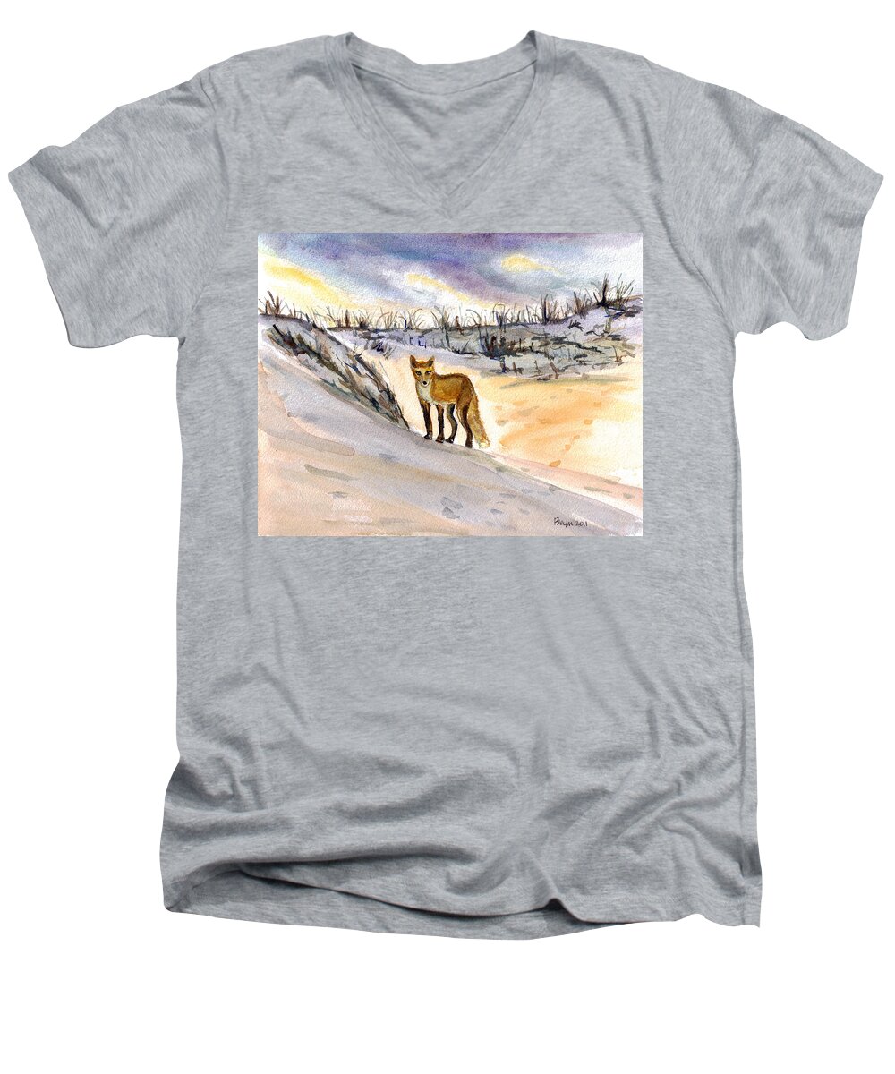 Fox Men's V-Neck T-Shirt featuring the painting Jersey Shore Fox by Clara Sue Beym