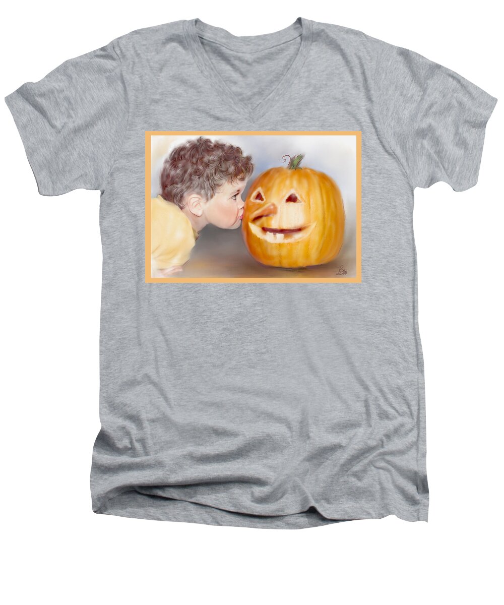 Child Men's V-Neck T-Shirt featuring the painting Kissy Face by Bonnie Willis
