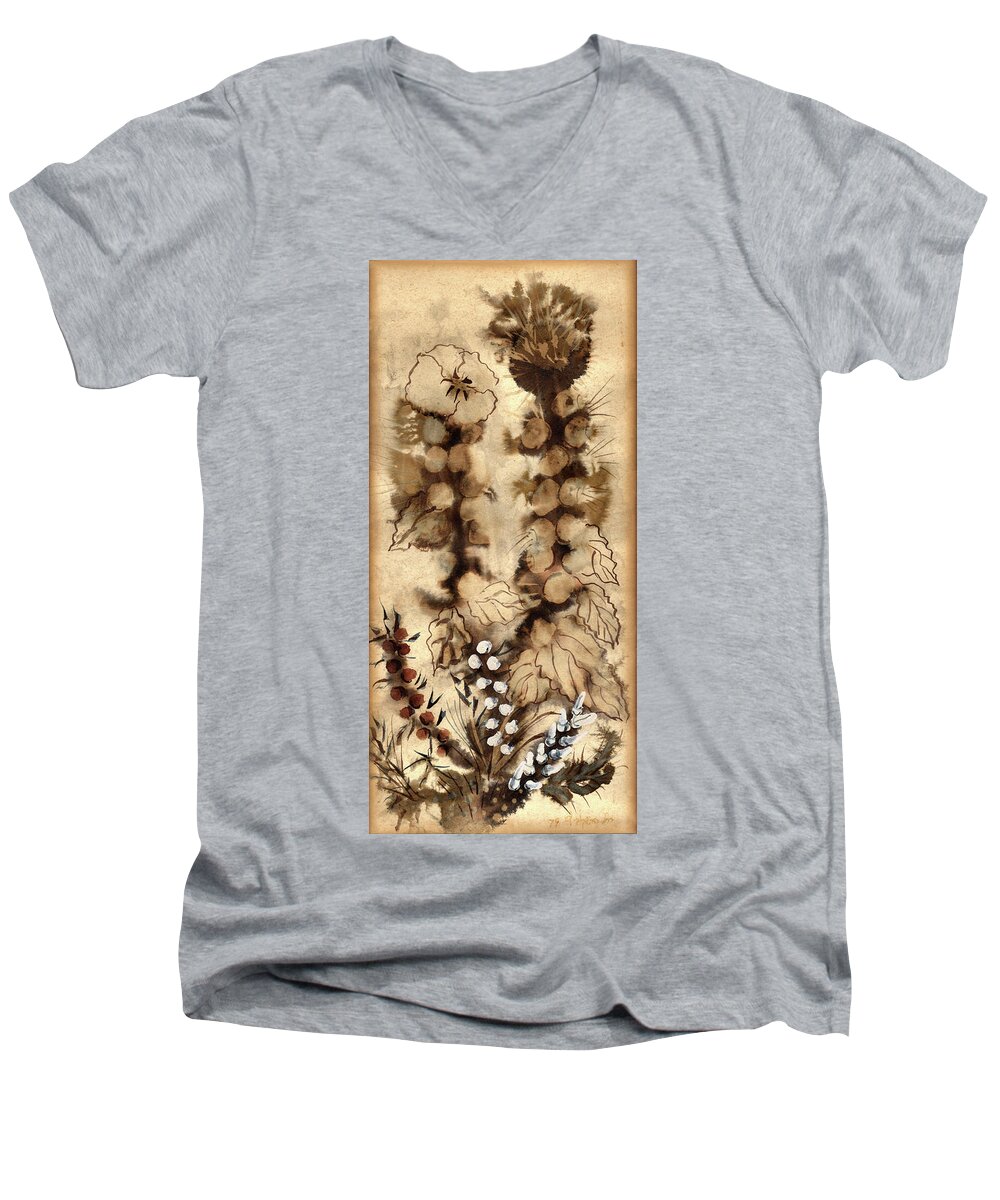 Kotsim Men's V-Neck T-Shirt featuring the painting Kotsim thorny desert plants in brown flowers leaves monochrome white  by Rachel Hershkovitz