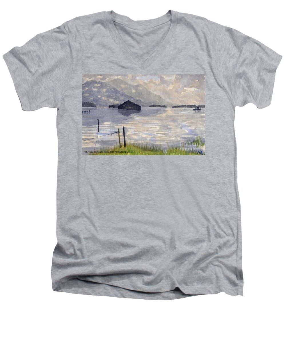 Lake Kilarney Men's V-Neck T-Shirt featuring the painting Lake Kilarney Ring of Kerry Watercolour Painting by Edward McNaught-Davis