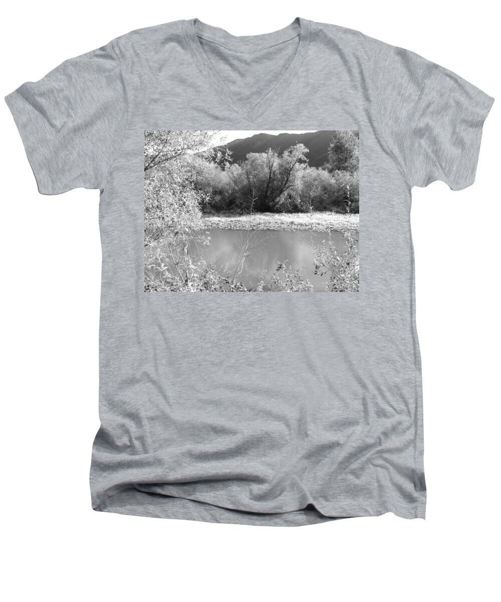 Lake Men's V-Neck T-Shirt featuring the photograph Lakeside Mountain View by Kathleen Grace