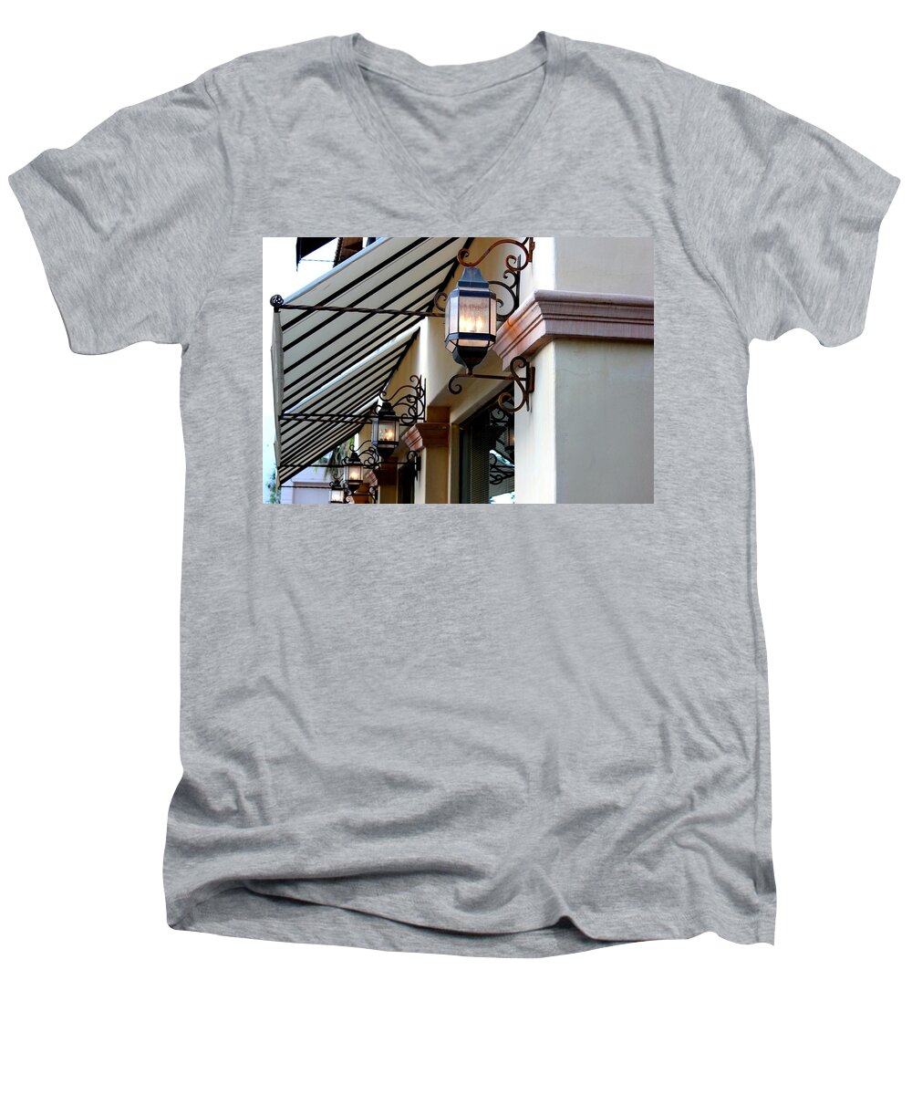 Lanterns Men's V-Neck T-Shirt featuring the photograph Lanterns and Lines by Leigh Meredith