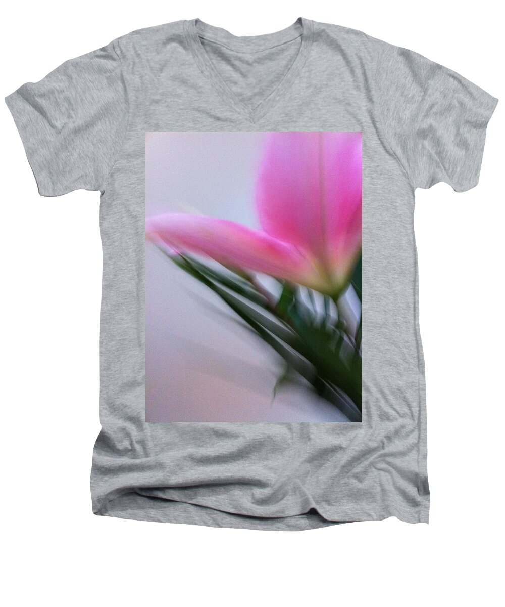 My Moving Portrait Of A Pink Lily. Men's V-Neck T-Shirt featuring the photograph Lily in Motion by Kathy Corday