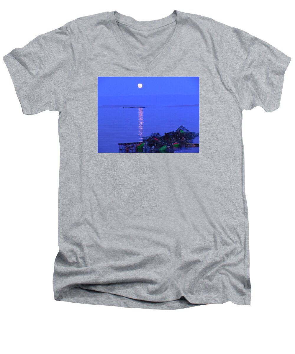 Maine Men's V-Neck T-Shirt featuring the photograph Lobstering Moon by Francine Frank