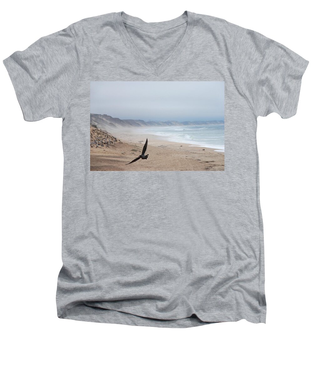 Marina Dunes Beach Men's V-Neck T-Shirt featuring the photograph Marina Beach fly by in the mist by Kathleen Grace
