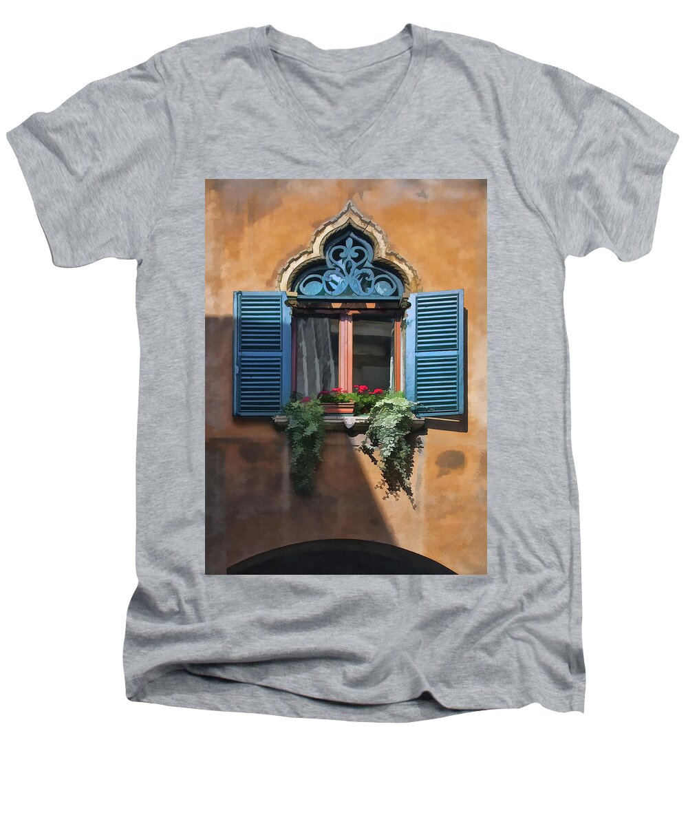 Italian Men's V-Neck T-Shirt featuring the digital art Milano Apartment Window by Sharon Foster
