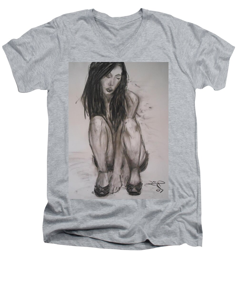 Asian Girl Men's V-Neck T-Shirt featuring the drawing New Shoes by Jason Reinhardt