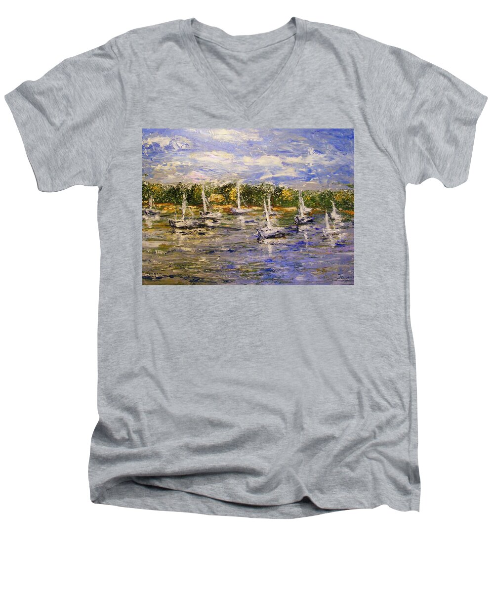Boats Men's V-Neck T-Shirt featuring the painting Newport Views by Karen Ferrand Carroll