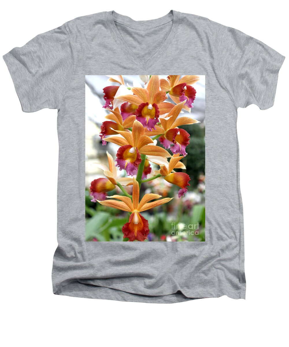 Orchid Men's V-Neck T-Shirt featuring the photograph Orange Orchids by Debbie Hart