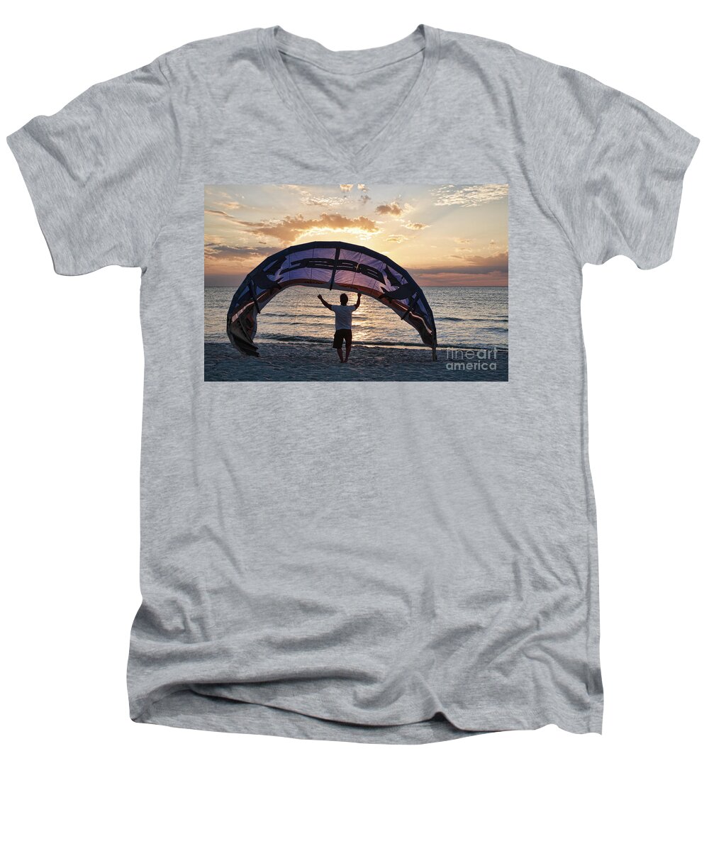 Beach Men's V-Neck T-Shirt featuring the photograph Putting Away the Kite At Clam Pass at Naples Florida by William Kuta