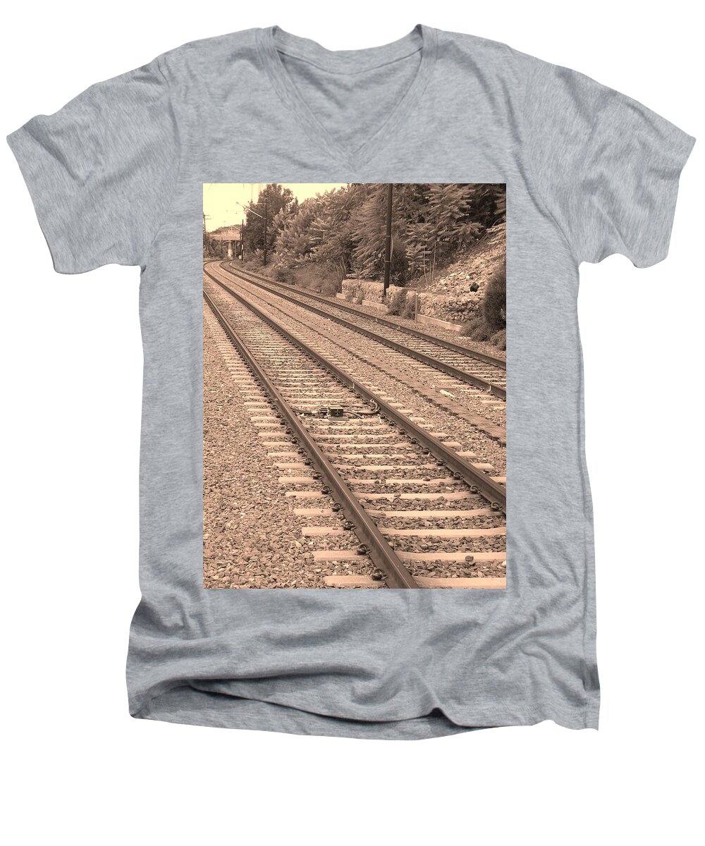 Railroad Men's V-Neck T-Shirt featuring the photograph Railroad Sepia by La Dolce Vita