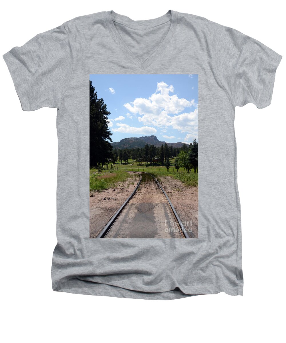 Black Hills Men's V-Neck T-Shirt featuring the photograph Railroad Tracks by Cassie Marie Photography