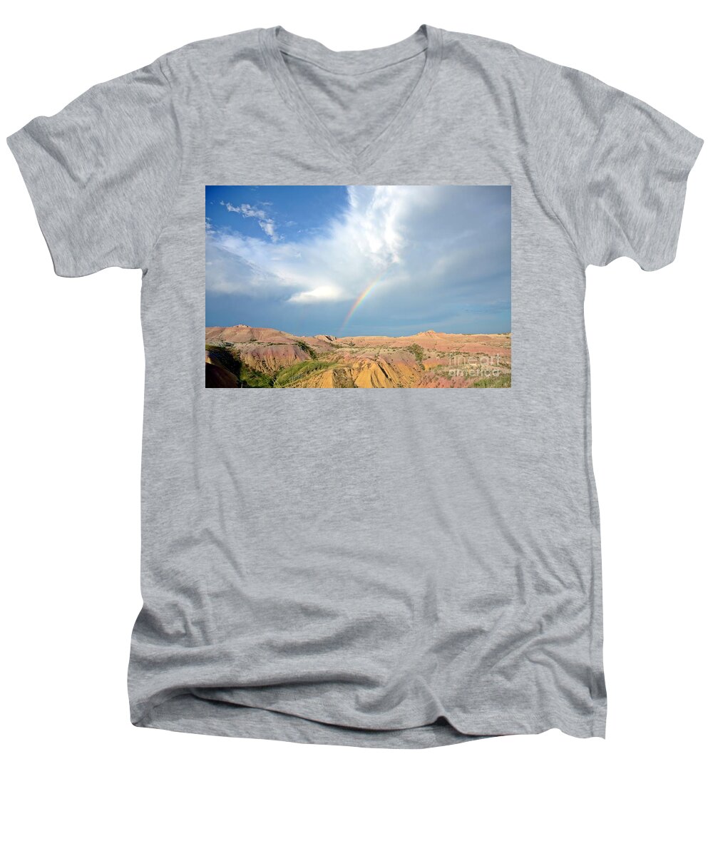 Badlands National Park Men's V-Neck T-Shirt featuring the photograph Rainbow in the Badlands by Cassie Marie Photography