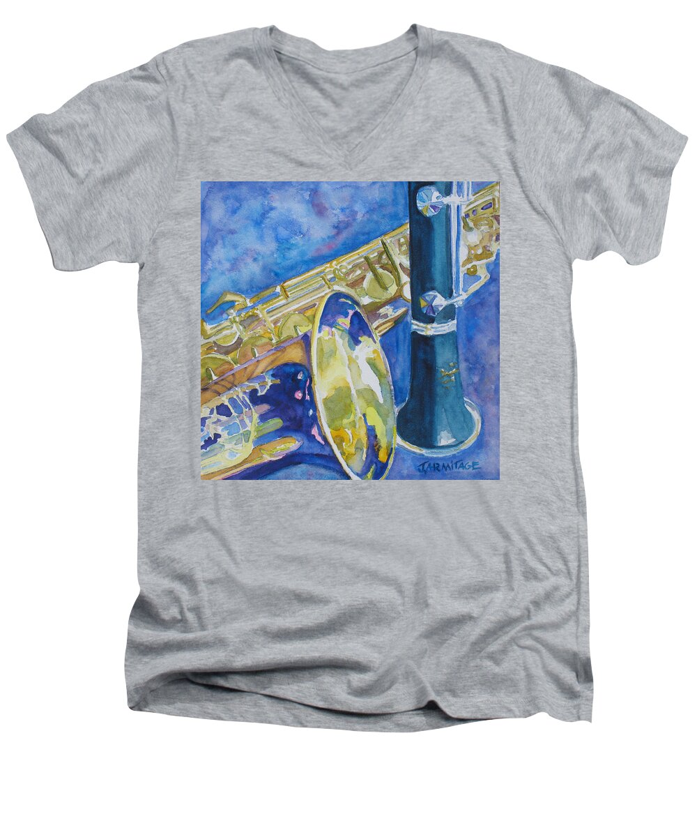 Sax Men's V-Neck T-Shirt featuring the painting Reeds Between Sets by Jenny Armitage
