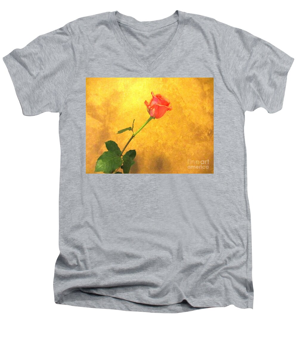 Rose Men's V-Neck T-Shirt featuring the photograph Rose on Leather by Susan Carella