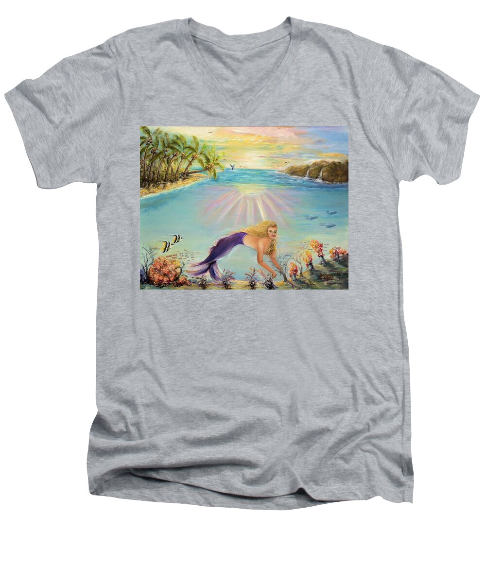 Sea Men's V-Neck T-Shirt featuring the painting Sea Mermaid Goddess by Bernadette Krupa