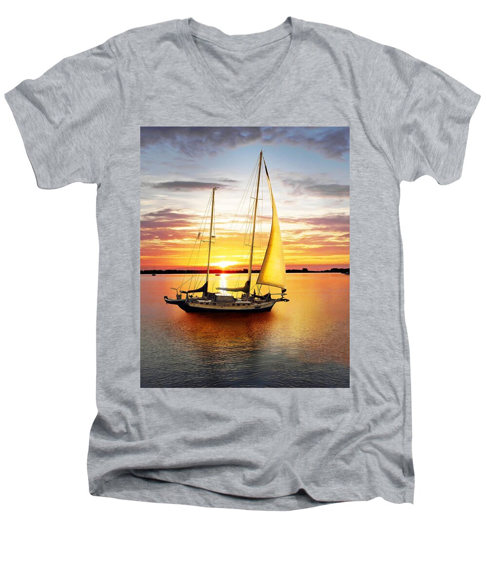 Sun Men's V-Neck T-Shirt featuring the photograph Setting Sail by Frances Miller