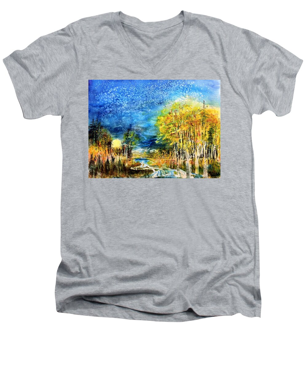 Landscape Watercolor Men's V-Neck T-Shirt featuring the painting Snowy Night by Joseph Mora
