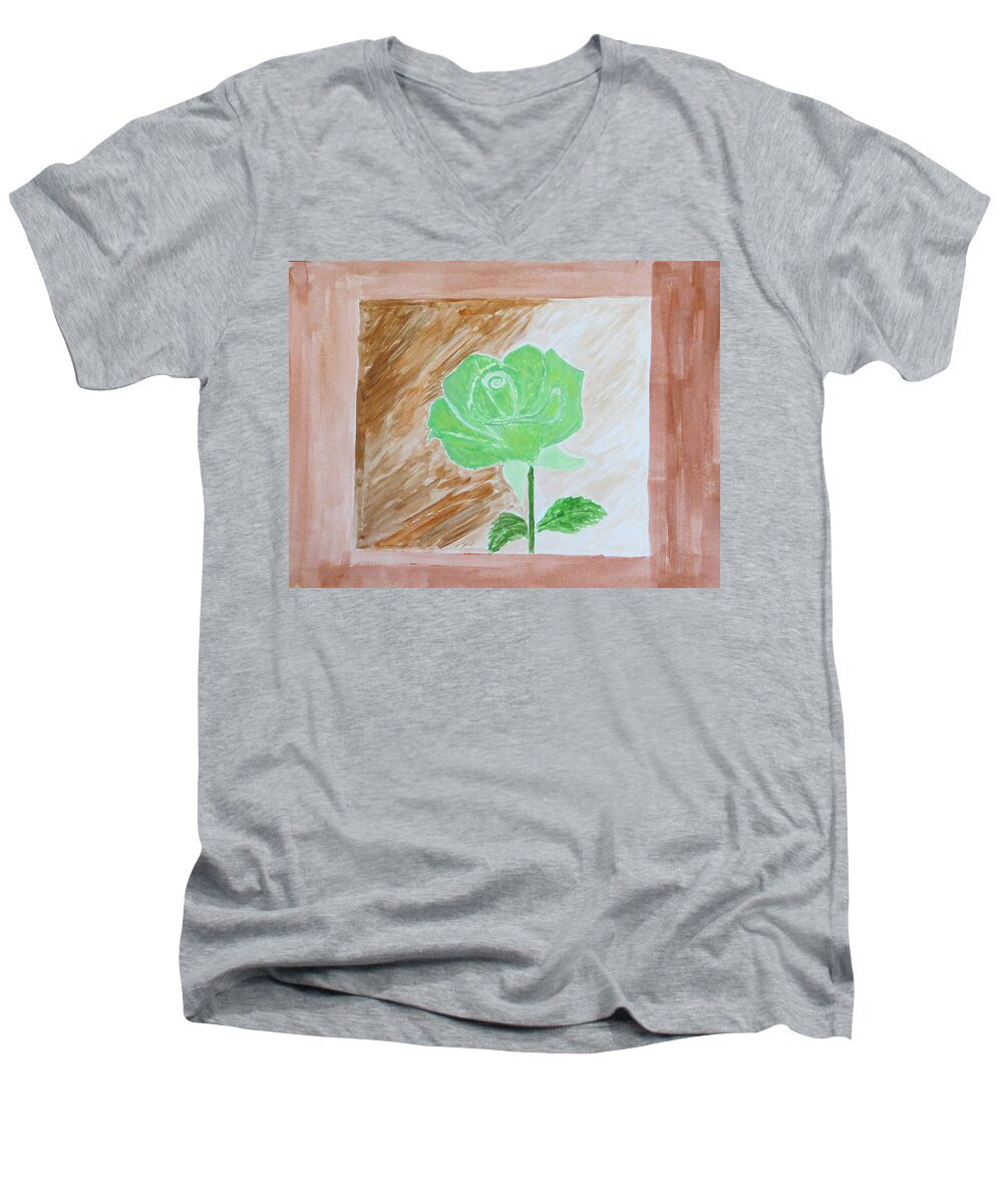 Green Rose Men's V-Neck T-Shirt featuring the painting Solitary Rose by Sonali Gangane