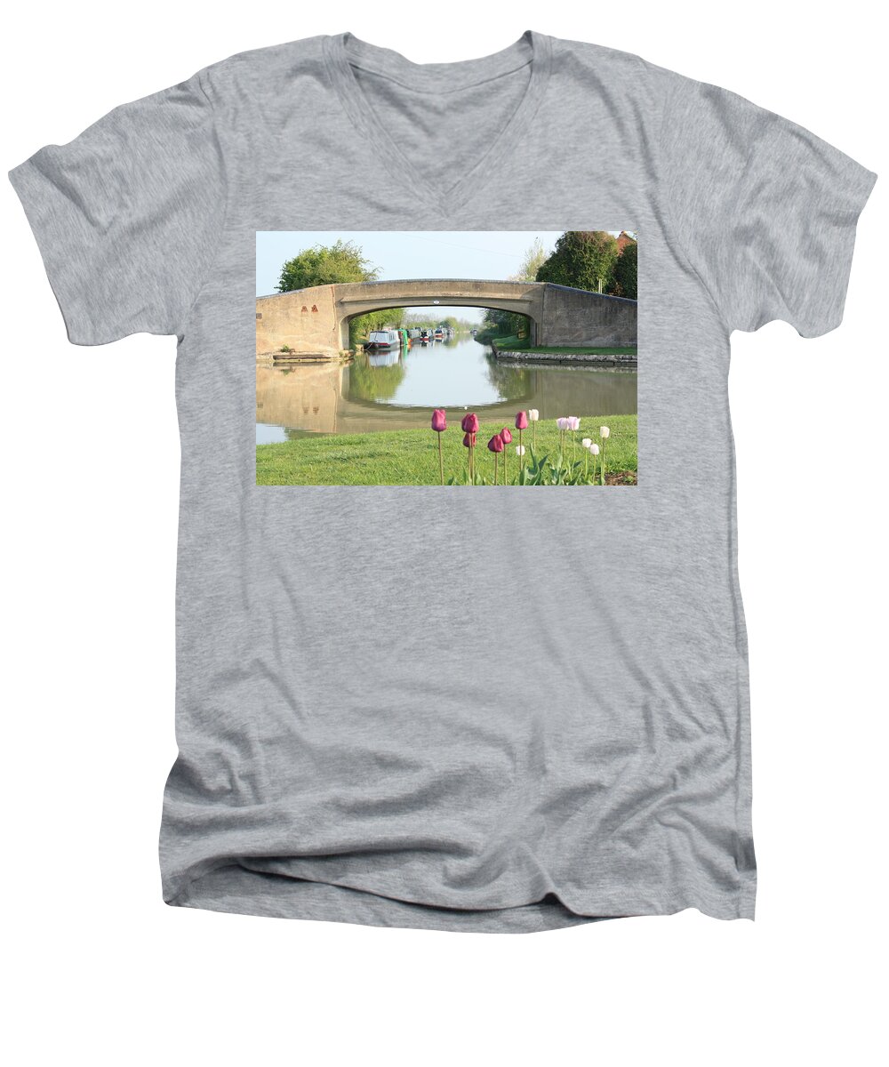 Inland Waterways Men's V-Neck T-Shirt featuring the photograph Spring on The Oxford Canal by Linsey Williams