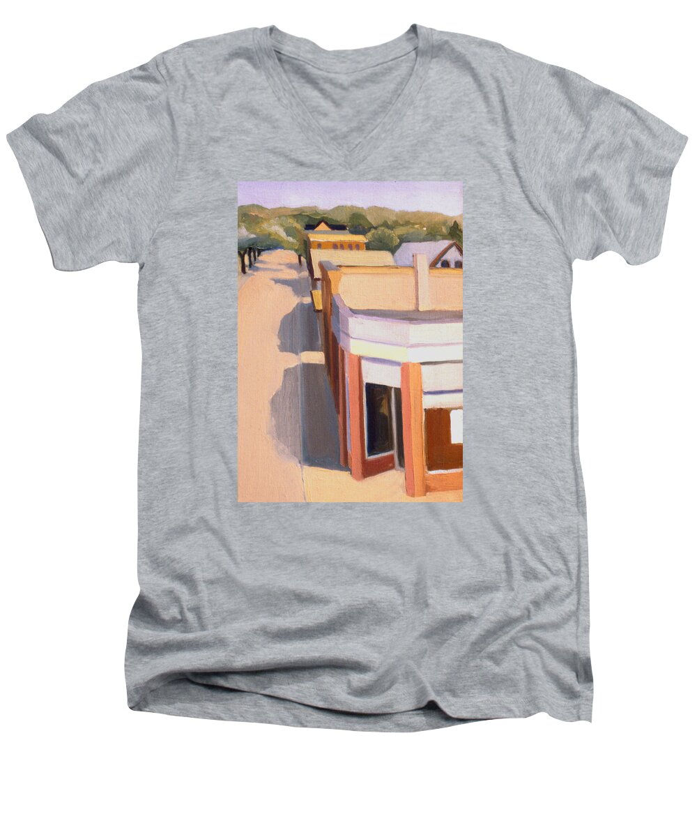 Stoneham Men's V-Neck T-Shirt featuring the painting Stoneham Square Three 1979 by Nancy Griswold