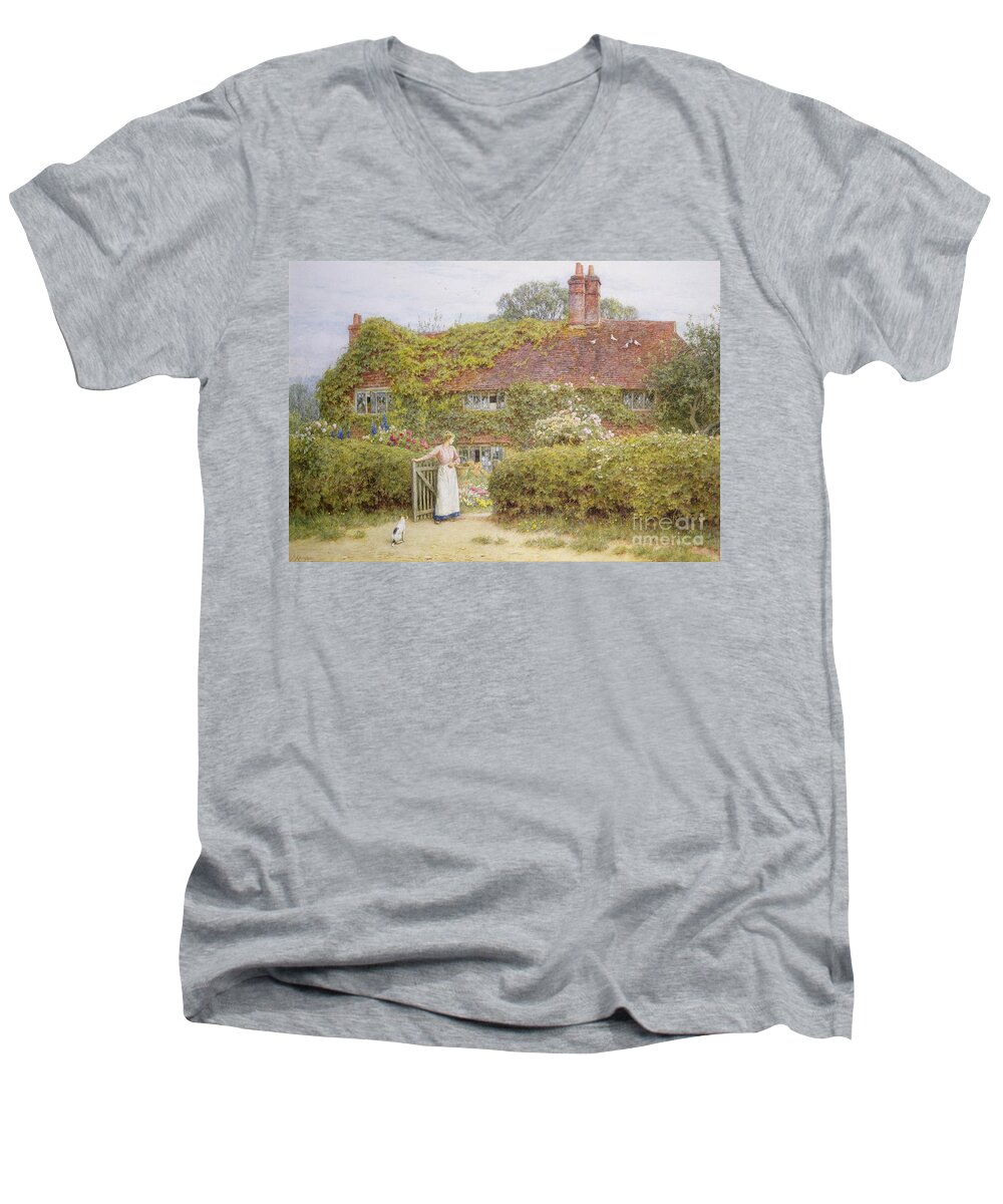 Surrey Cottage Men's V-Neck T-Shirt featuring the painting Surrey Cottage by Helen Allingham by Helen Allingham