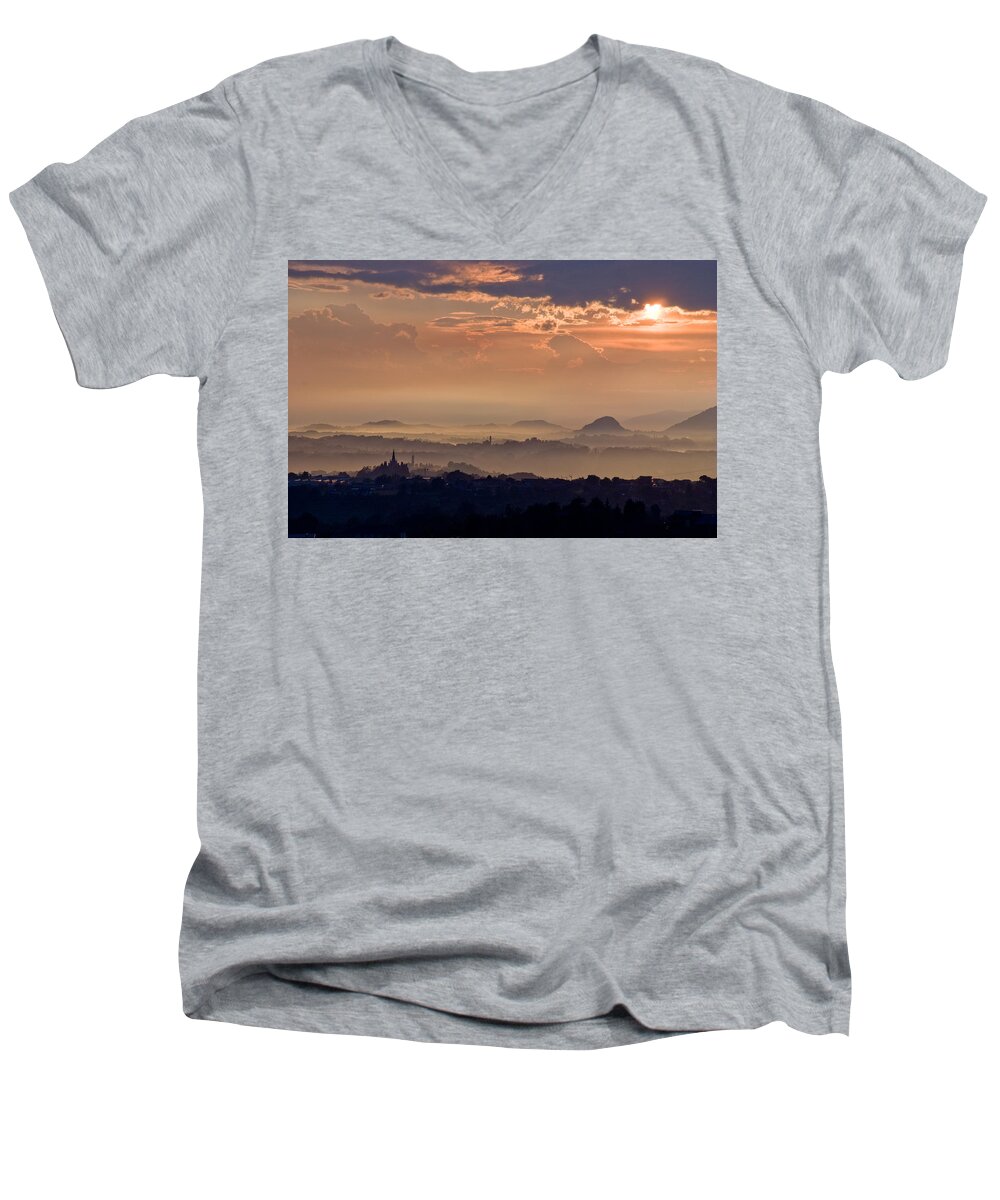 Sun Rain Storm Cloud Vapor Landscape Italy Hills Fog Wide Panorama Men's V-Neck T-Shirt featuring the photograph The end of the storm by Marco Busoni